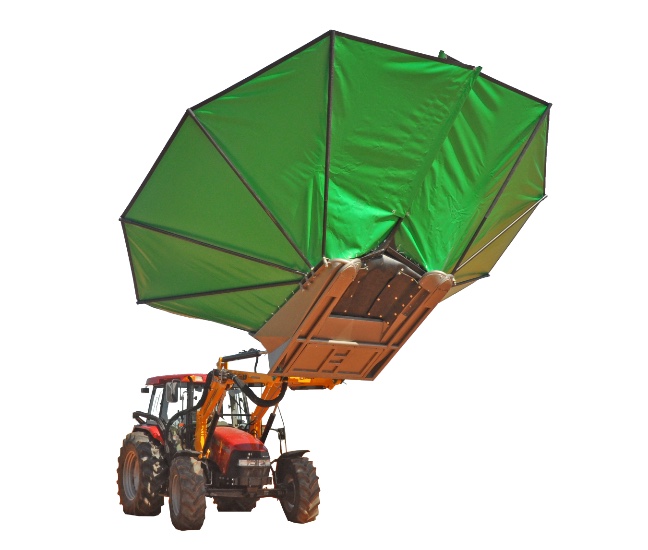 Imagen sin fondo de Vibrador con Recolector PG con paraguas extendido para recolectar aceitunas